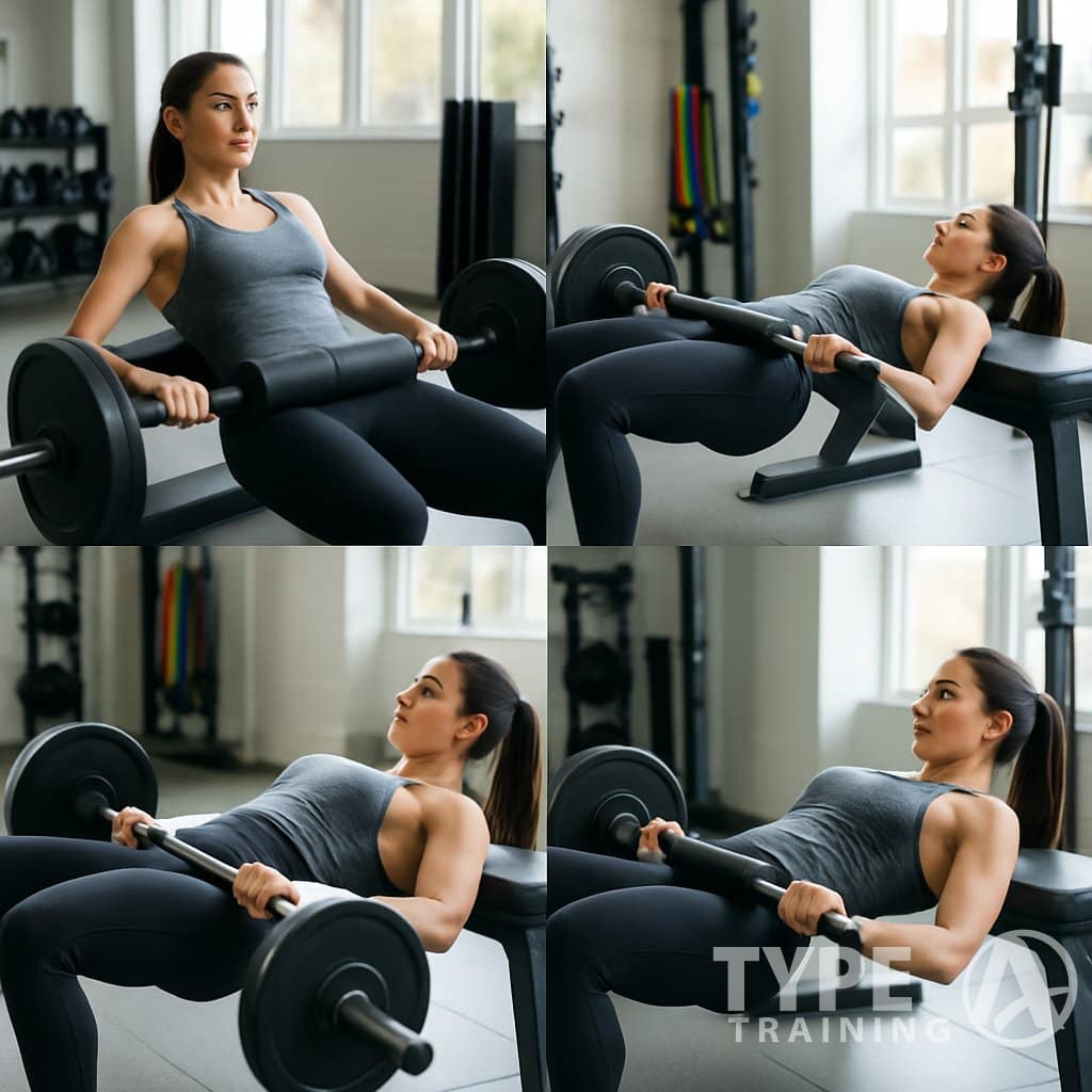A woman performing hip thrust exercises with a barbell on a bench in a gym.
