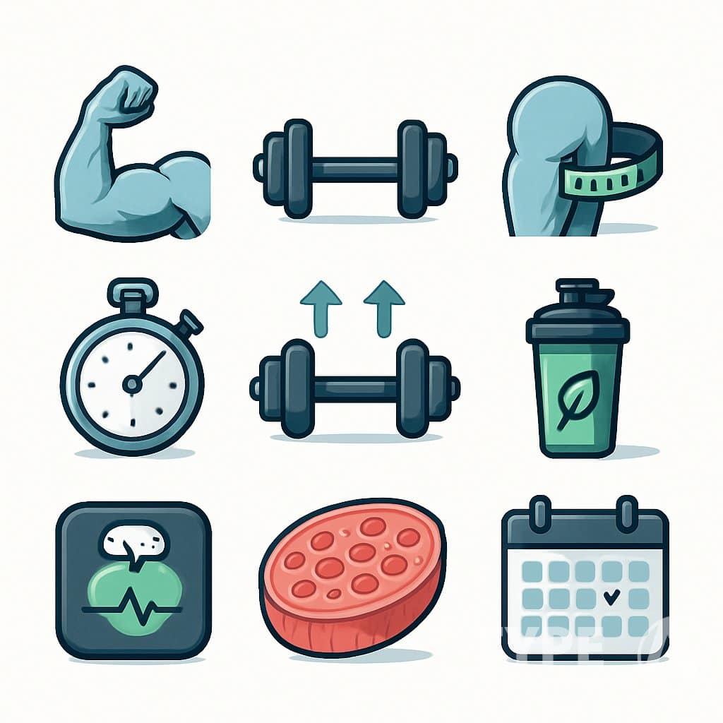 Illustration showing ten icons representing different muscle gain metrics, including a flexed arm, barbell, measuring tape, scale, stopwatch, dumbbell with arrows, protein shake, muscle fiber, heart rate monitor, and calendar.