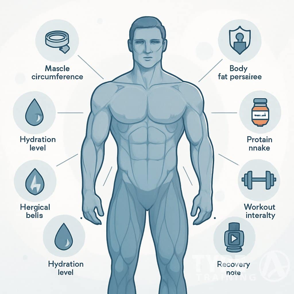 A muscular male figure surrounded by ten icons representing different measurements of muscle gain, connected by lines to various parts of the body.