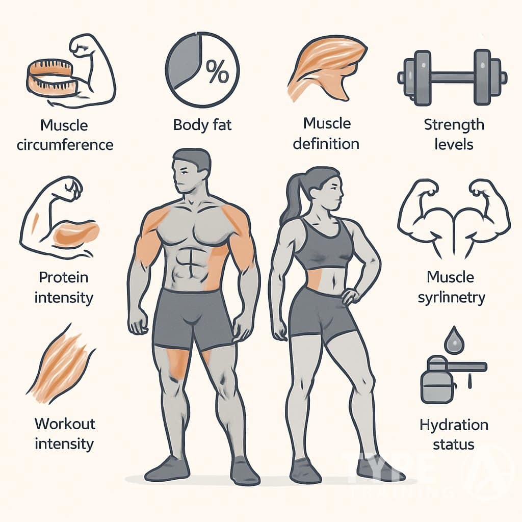 Illustration of a muscular man and woman with visual icons around them representing ten different muscle gain indicators such as measurements, strength, hydration, and workout progress.