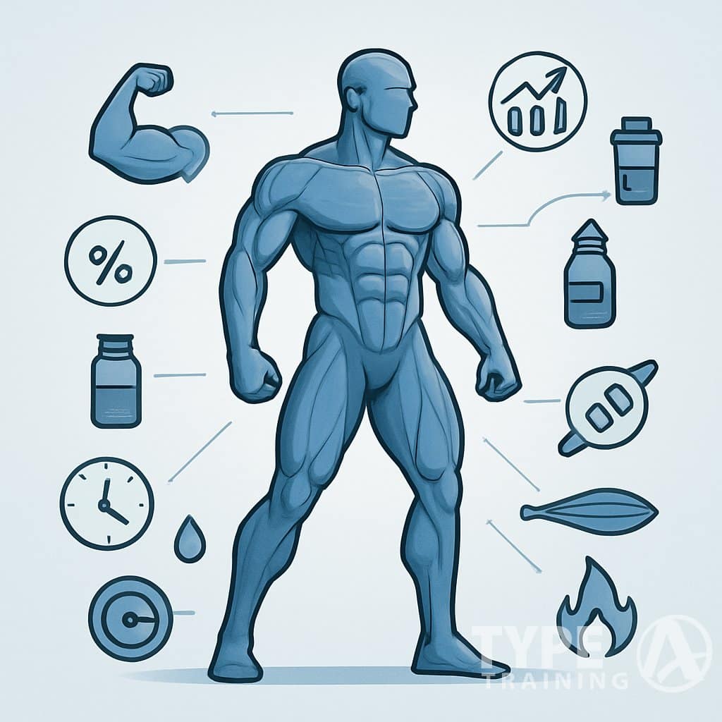 A muscular human figure surrounded by ten icons representing different muscle gain and strength performance metrics connected to various muscle groups.