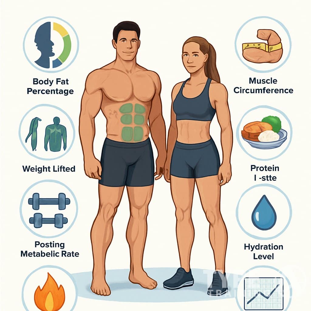 Illustration of a fit man and woman surrounded by icons representing ten muscle gain metrics like body fat percentage, lean mass, muscle circumference, weight lifted, protein intake, hydration, metabolic rate, BMI, progress charts, and workout frequency.