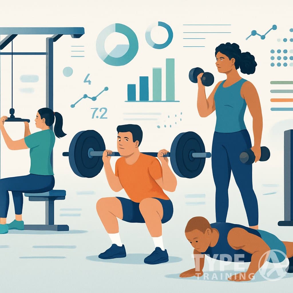 People exercising in a gym with floating charts and progress indicators representing muscle gain metrics.