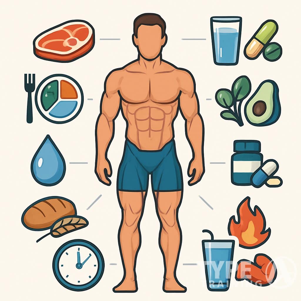 An illustration showing a muscular human figure surrounded by ten icons representing different nutritional factors important for muscle gain.