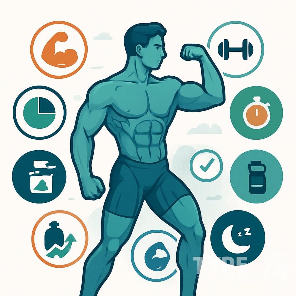 A muscular human figure surrounded by ten icons representing different aspects of muscle gain progress and expectations.