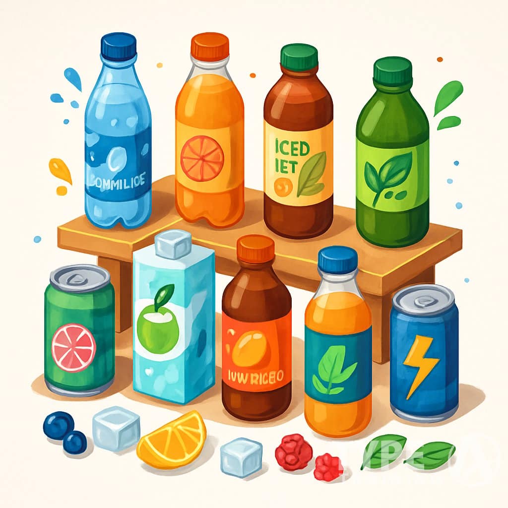 A colorful display of eight different non-alcoholic beverage bottles and cans arranged on shelves with fresh fruits and ice cubes around them.