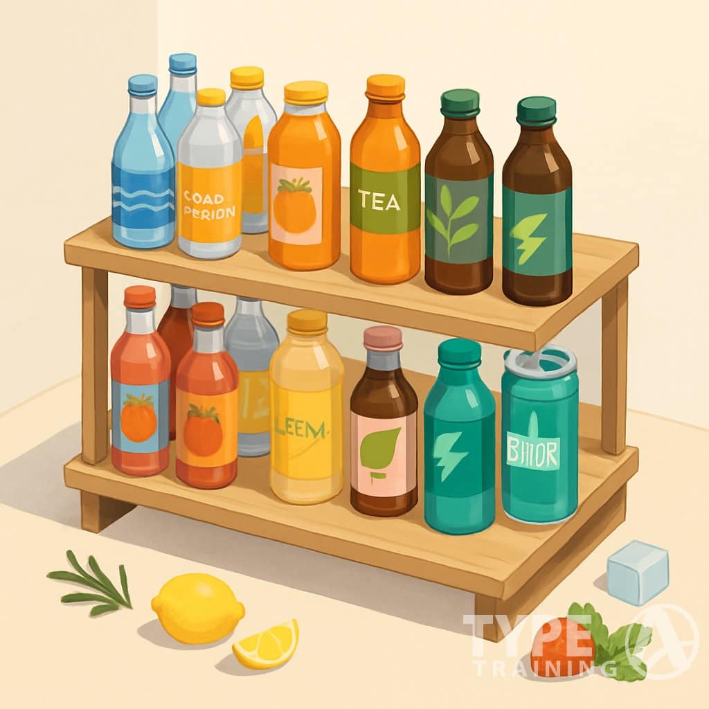 A multi-tiered shelf displaying eight different colorful non-alcoholic beverage bottles and cans with fresh fruits and herbs around them.