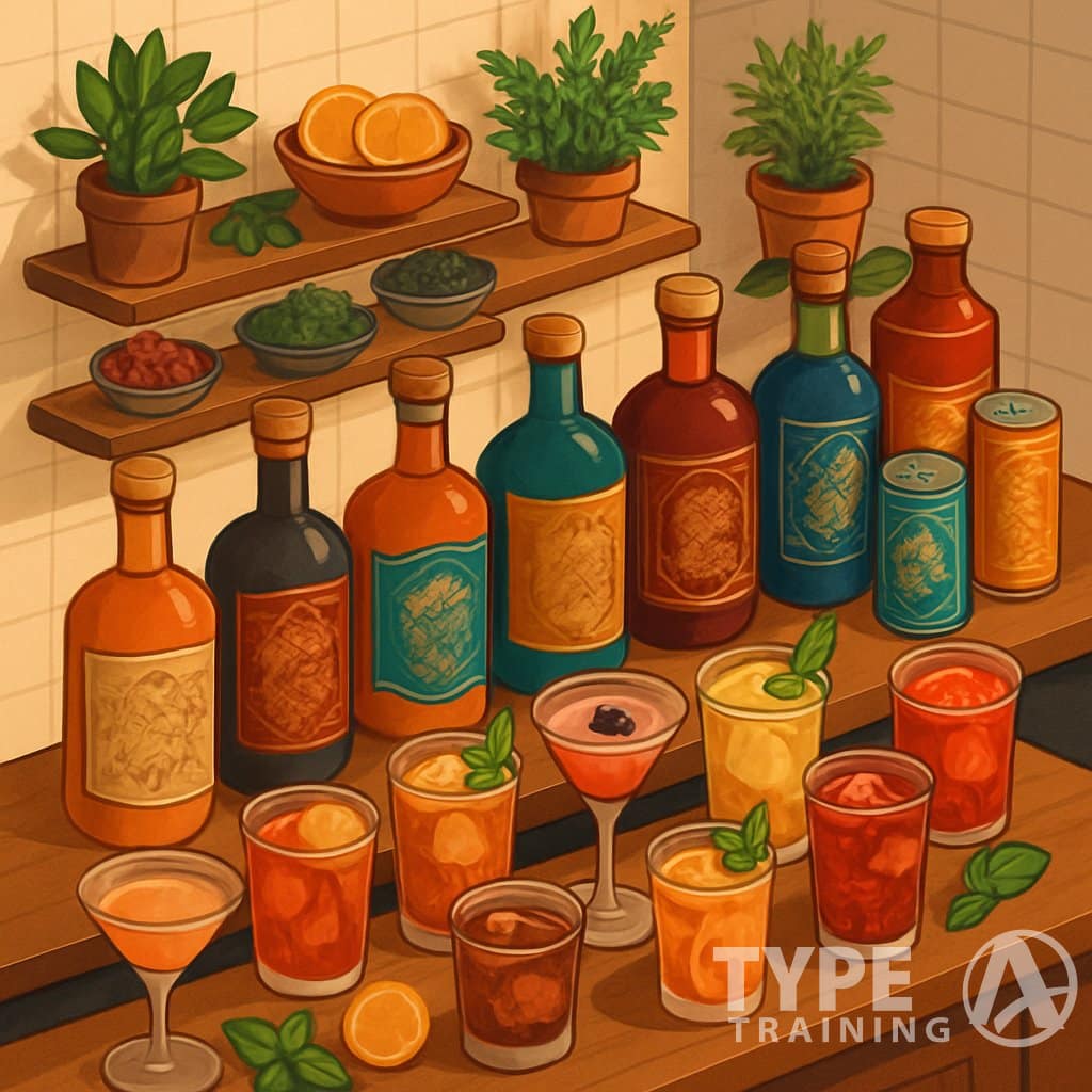 An isometric view of a bar counter displaying a variety of colorful non-alcoholic drinks in different bottles and glasses, surrounded by fresh ingredients and garnishes.