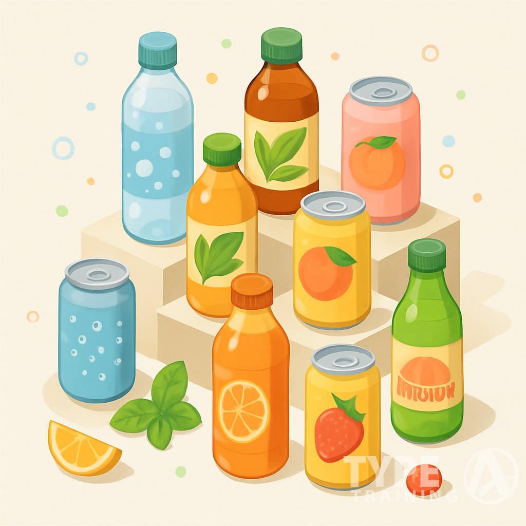 An arrangement of eight colorful non-alcoholic beverage bottles and cans displayed on a tiered stand with fruits and herbs around them.