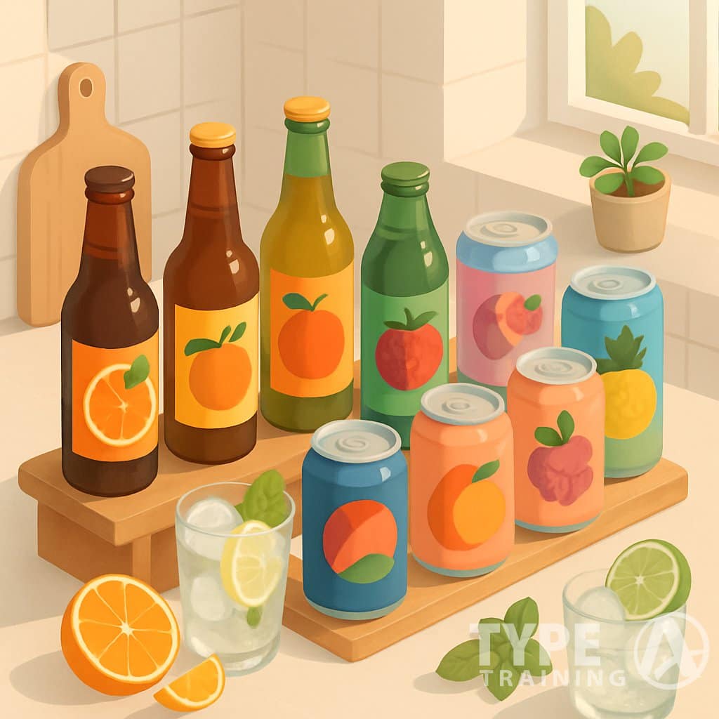 A kitchen counter with eight different bottles and cans of non-alcoholic beverages arranged on a wooden shelf, surrounded by fresh fruits, herbs, and glasses with ice and garnishes.