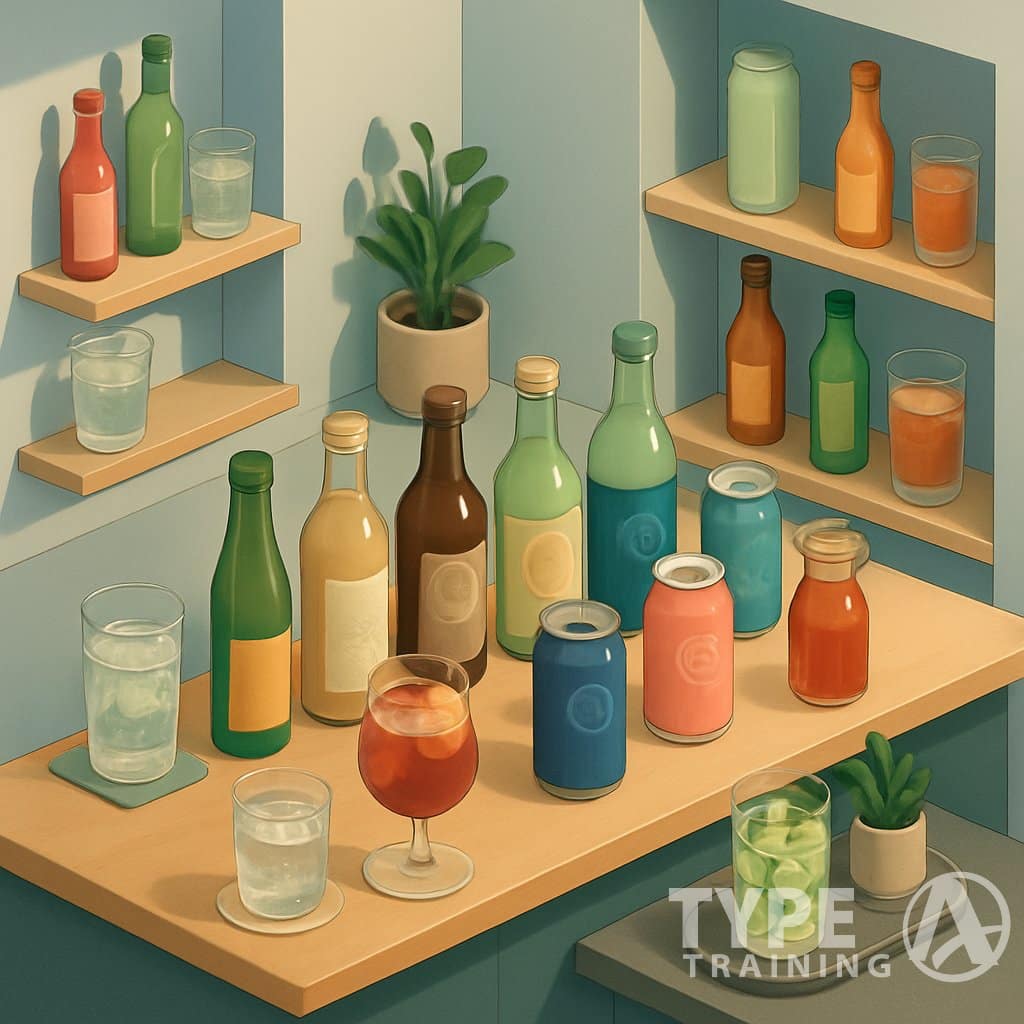 An isometric view of a bar counter displaying eight different non-alcoholic beverages in bottles and glasses, surrounded by shelves with more drinks and decorative plants.