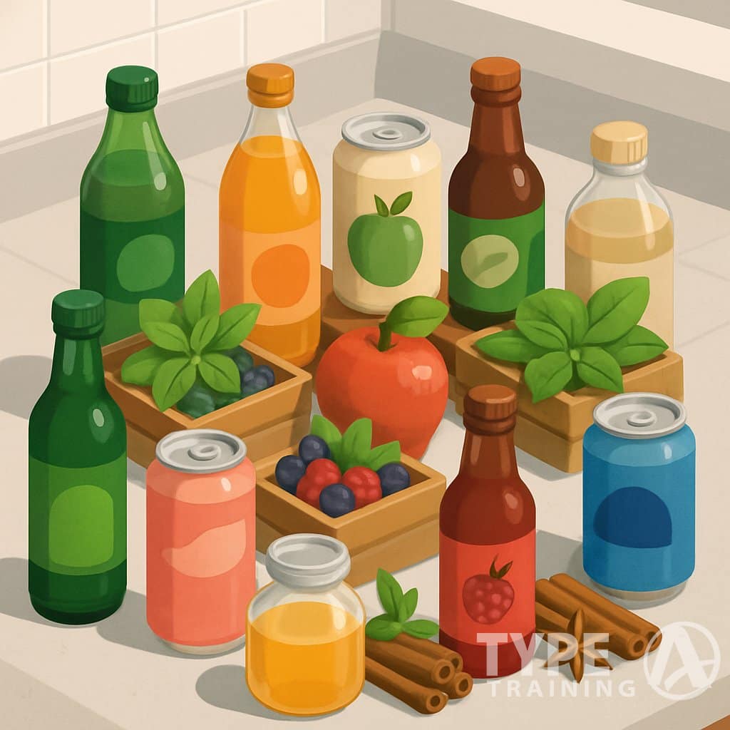 An isometric view of fresh fruits, herbs, spices, and natural sweeteners displayed alongside various bottles and cans of non-alcoholic beverages on a kitchen counter.