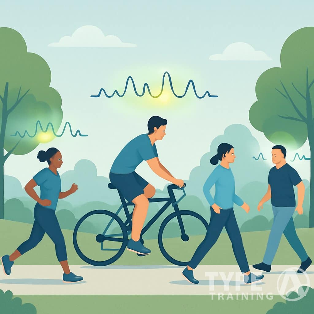 People jogging, cycling, and walking outdoors with heart rate zone indicators showing moderate exercise intensity.