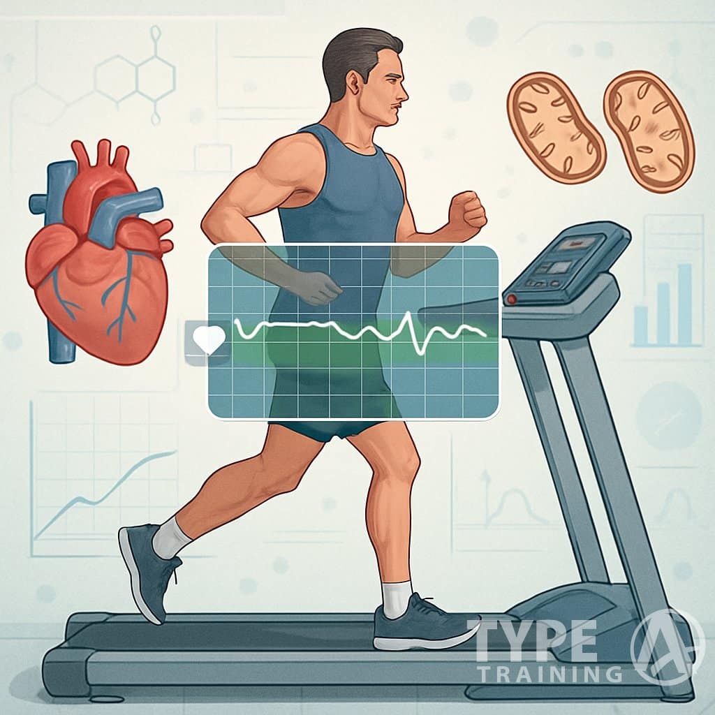 A person jogging on a treadmill with heart rate and scientific graphics illustrating aerobic exercise and heart health.