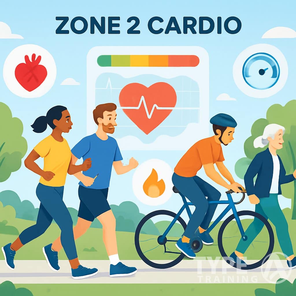 People exercising outdoors by jogging, cycling, and walking, with icons showing heart health, endurance, fat burning, and mental wellness.