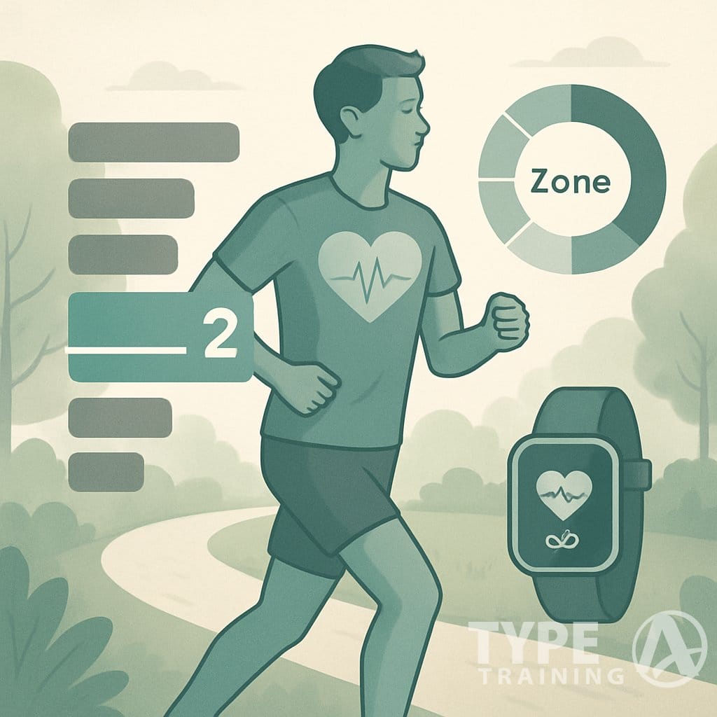 A person jogging outdoors with a heart icon near their chest and highlighted heart rate zones around them, illustrating moderate-intensity cardio exercise.