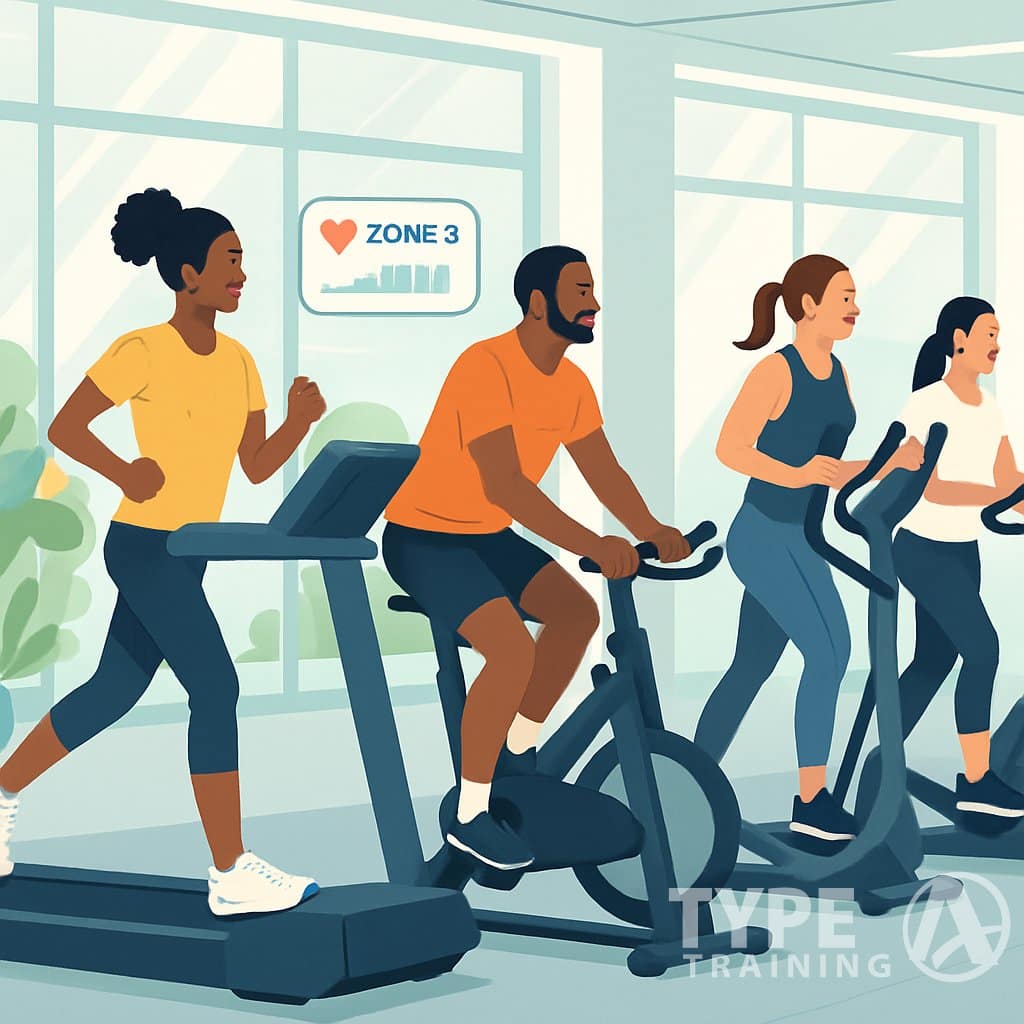 People exercising on treadmills, stationary bikes, and ellipticals in a bright gym, focusing on steady cardio workouts.