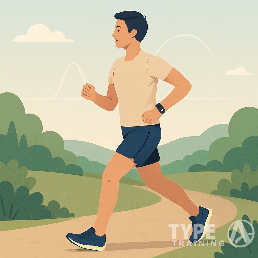 A person jogging at a moderate pace on a scenic outdoor path surrounded by greenery and hills, wearing athletic clothing and a heart rate monitor.