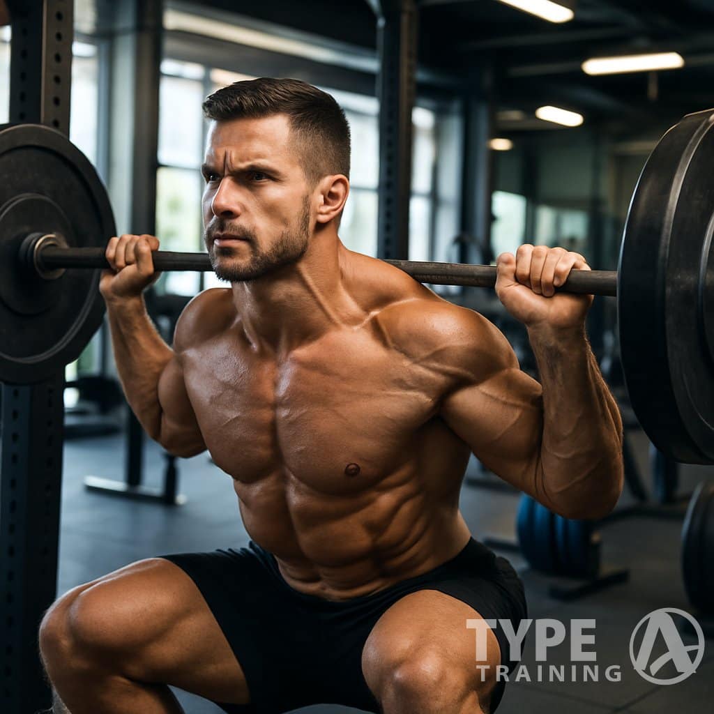 A muscular man performing a heavy barbell back squat in a gym.