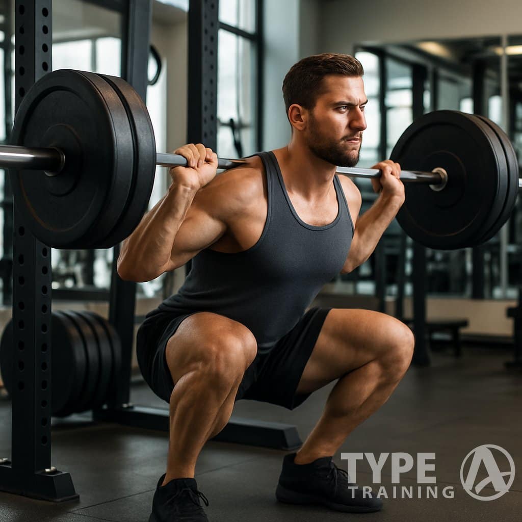 A man performing a deep squat with a barbell across his upper back in a gym setting.