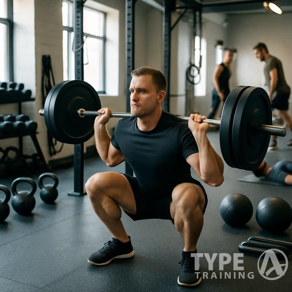 A muscular person performing a deep squat with a barbell in a gym surrounded by various strength training equipment and other people exercising.