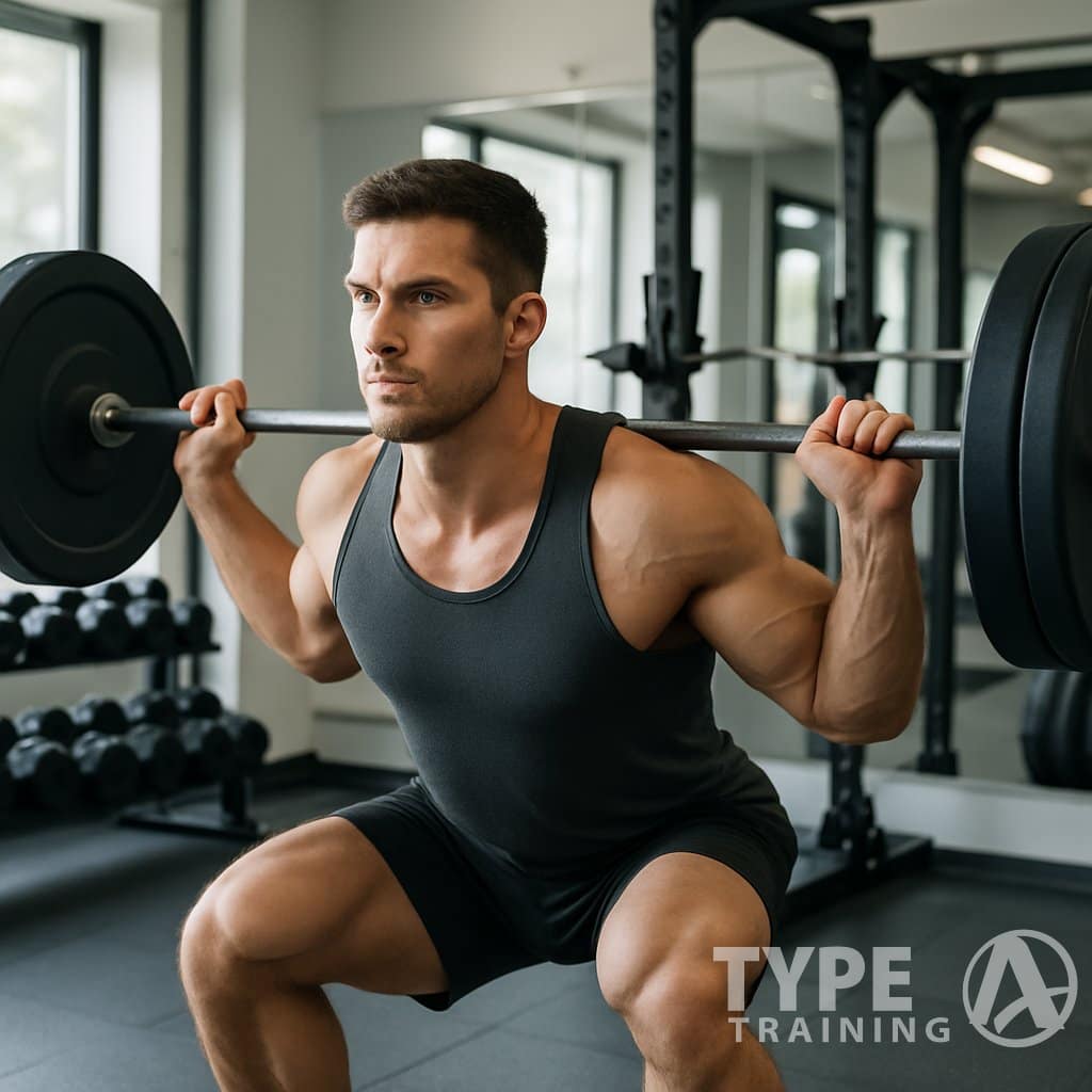 A young man performing a deep squat with a barbell in a modern gym.