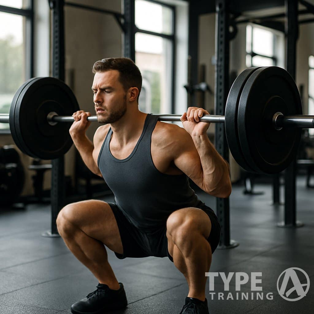 A man performing a deep squat with proper form in a gym surrounded by fitness equipment.