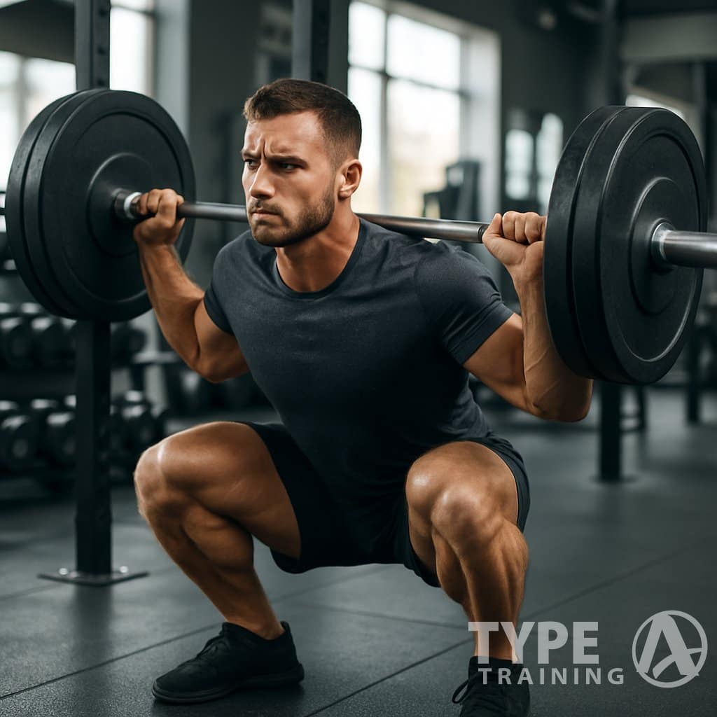 A muscular man performing a deep squat with a barbell in a gym surrounded by fitness equipment.