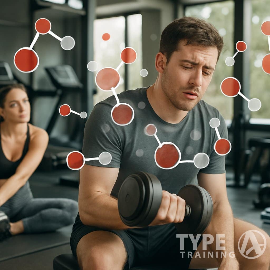 A young man lifting a dumbbell with a tired expression and a young woman stretching in a gym with exercise equipment around them.