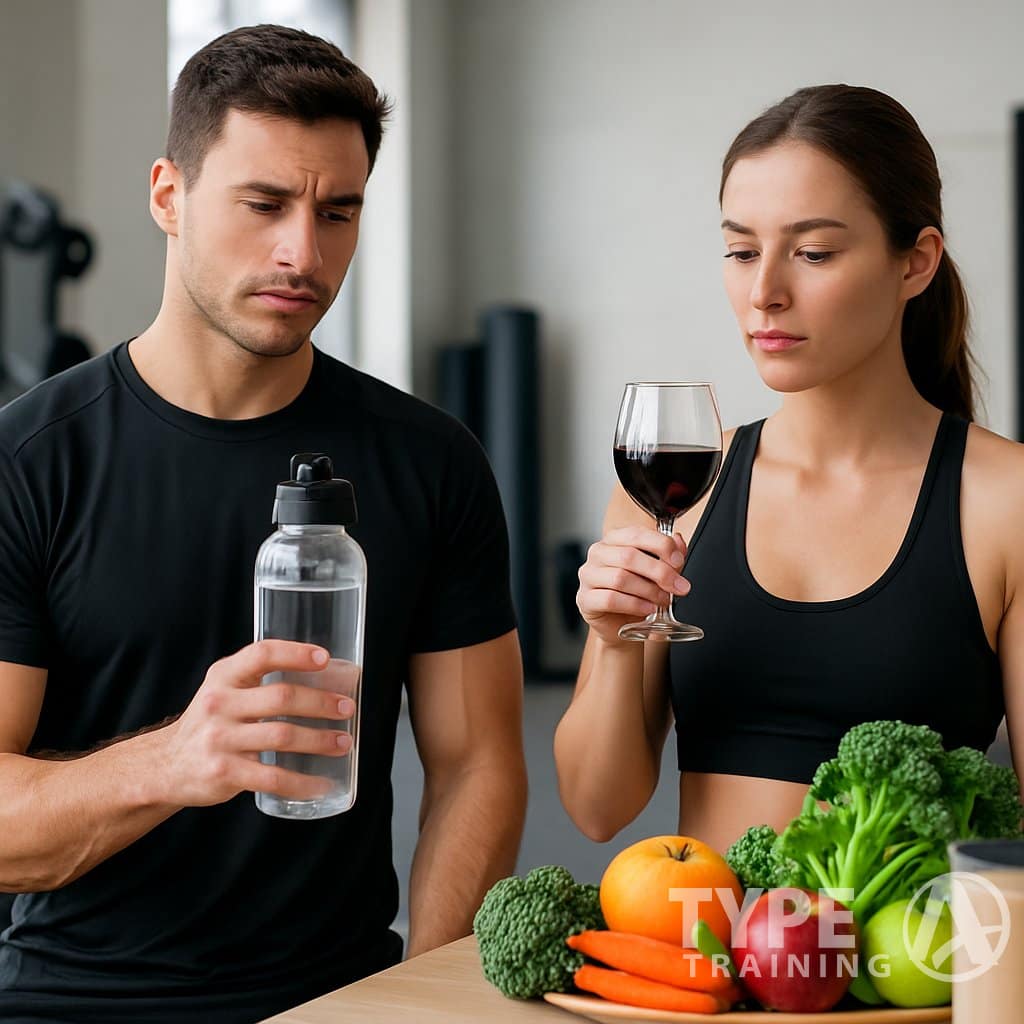 A fit man holding a water bottle and a woman holding a glass of wine in a gym with healthy foods on a table nearby.