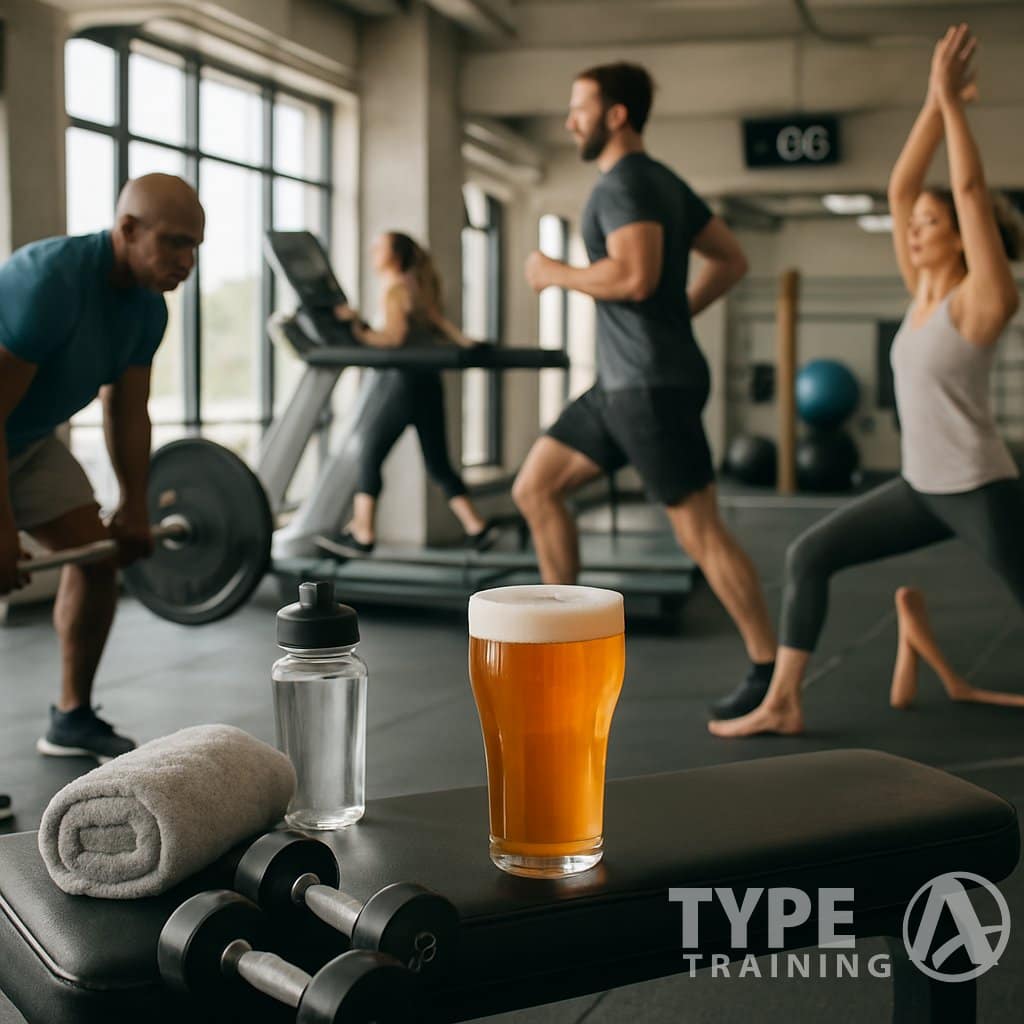 People exercising in a gym with a glass of alcohol placed on a bench next to workout equipment.
