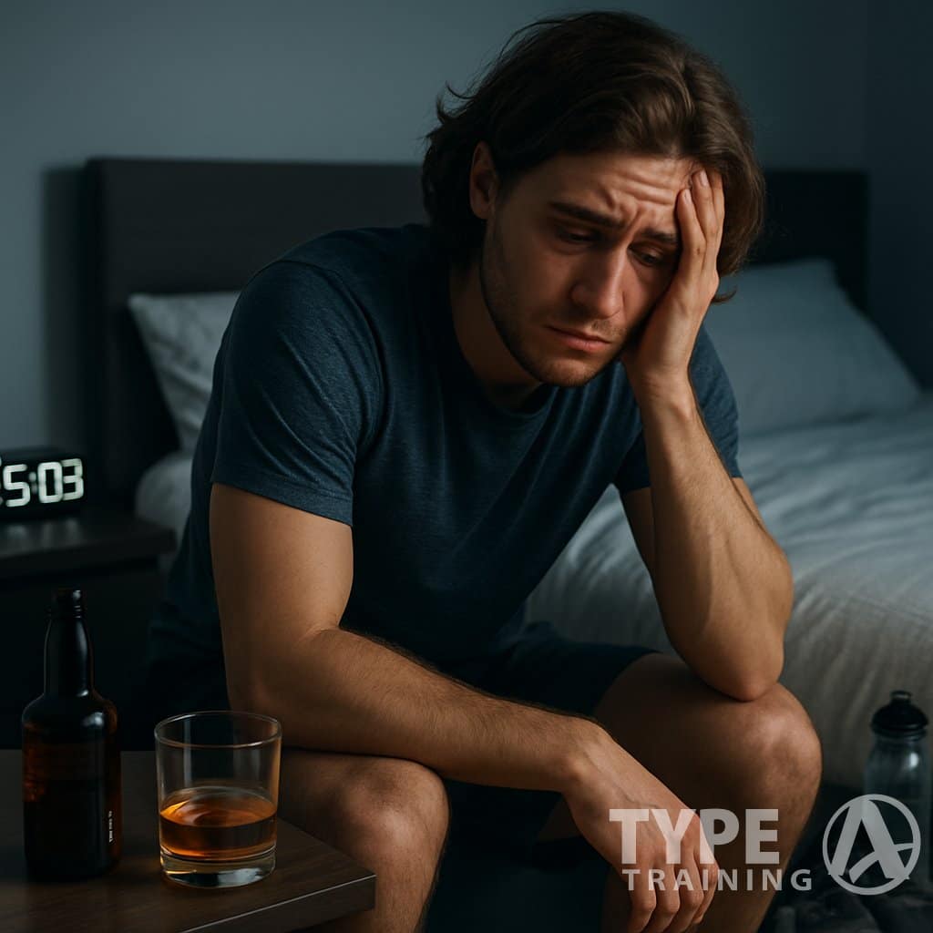 A tired young adult sitting on the edge of a bed looking fatigued, with running shoes and a water bottle nearby, and an empty glass of alcohol on the bedside table.