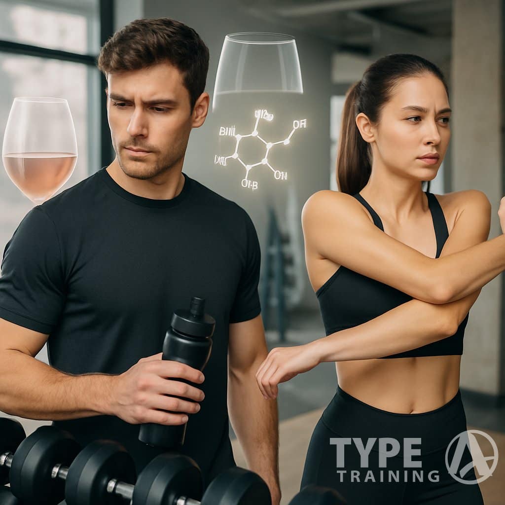 A fit man and woman in a gym preparing to exercise, with faint images of a wine glass and hormone molecules overlayed to symbolize alcohol's impact on fitness.