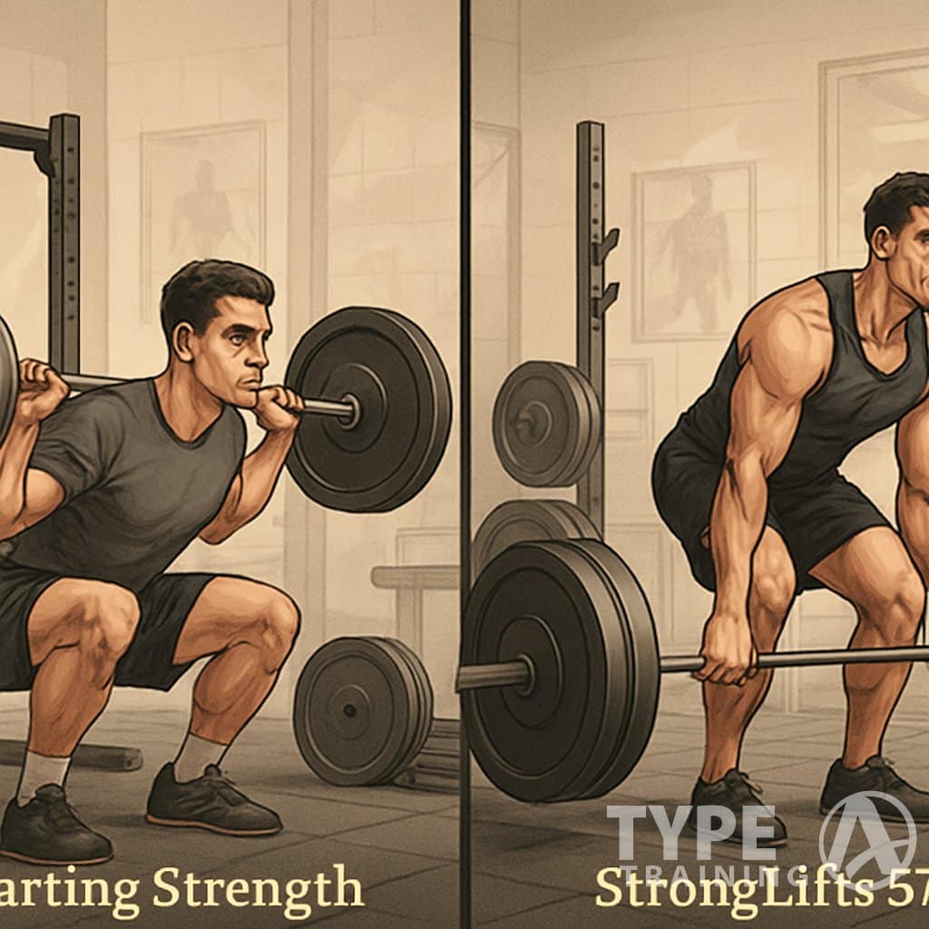 Two male athletes in a gym performing barbell exercises side by side, one squatting and the other deadlifting, with gym equipment and weights around them.