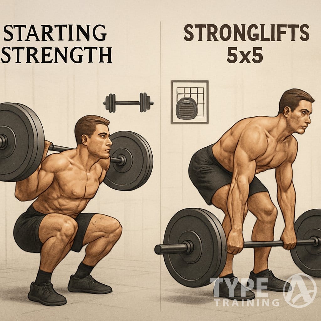 Two athletes in a gym performing barbell squat and deadlift exercises side by side, demonstrating proper weightlifting technique.