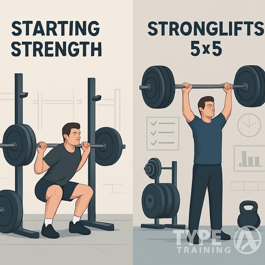 Two people in a gym each performing barbell exercises, one representing Starting Strength and the other StrongLifts 5x5, with gym equipment and workout elements around them.