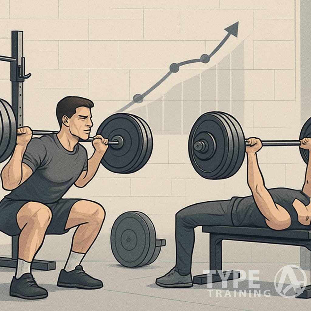 Two individuals lifting barbells in a gym, demonstrating progression in strength training with gym equipment and a subtle progression chart in the background.