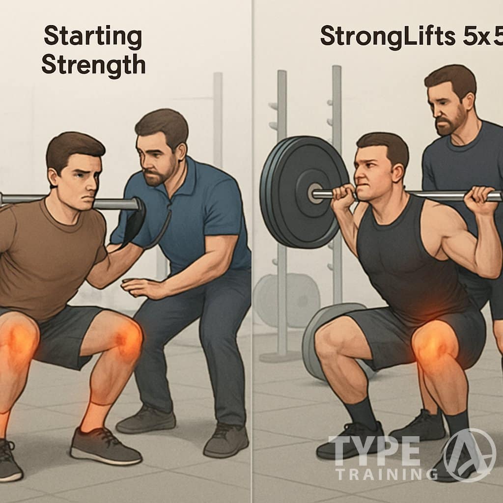 Two male athletes performing barbell squats side by side in a gym, one coached closely and the other assisted by a spotter, highlighting differences in training technique and safety.