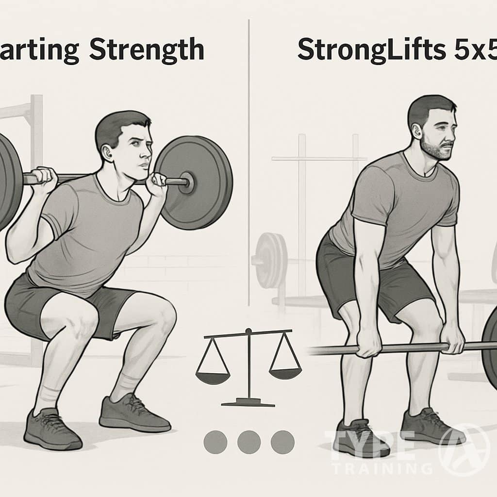 Two male lifters in a gym, one performing a barbell squat and the other a deadlift, illustrating different workout styles side by side.
