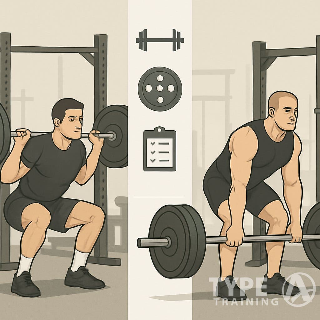 Two athletes in a gym performing barbell exercises side by side with gym equipment in the background, illustrating a comparison between two weightlifting programs.