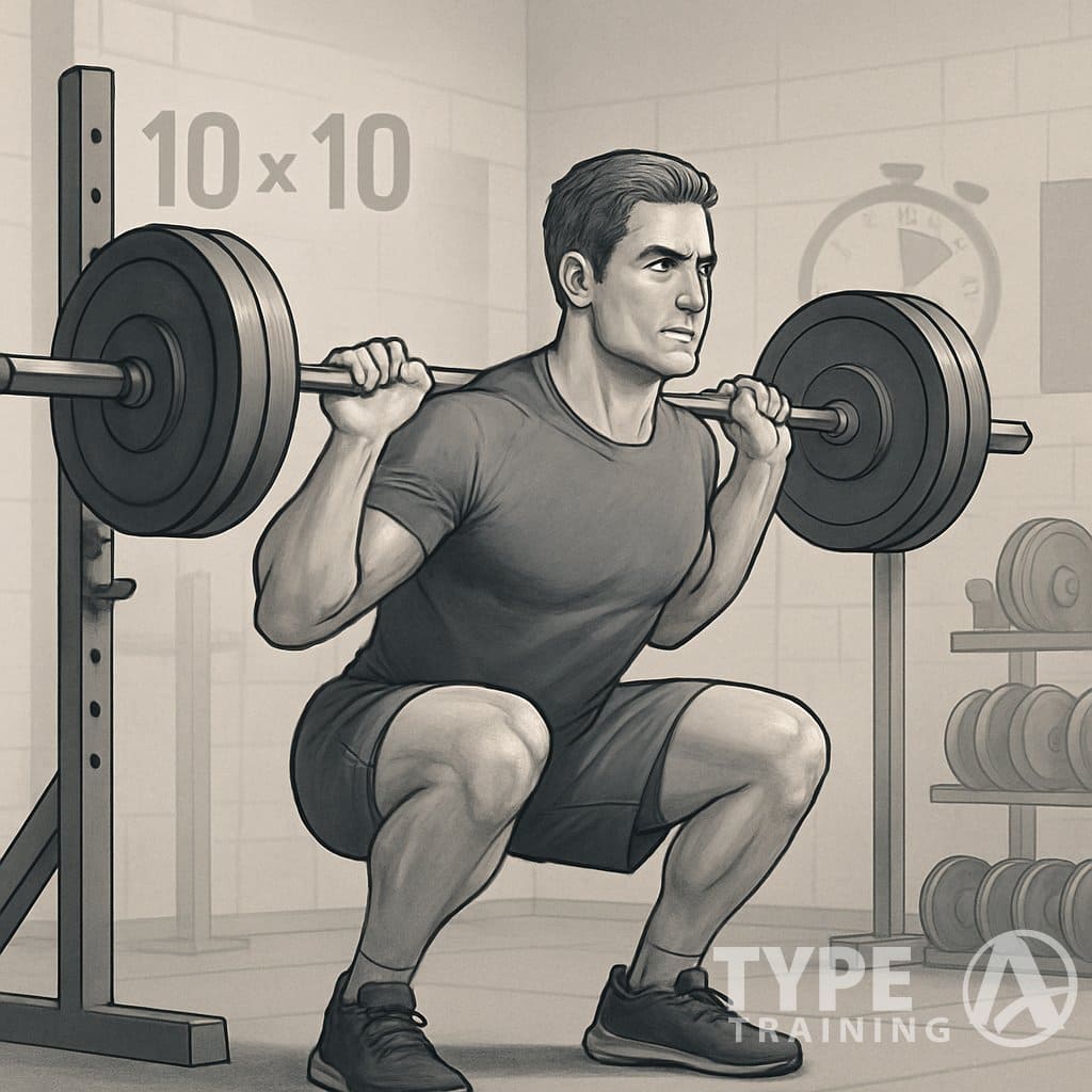 A muscular man performing a barbell squat in a gym with weights and equipment around him.