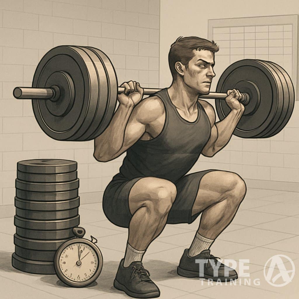 A person performing a barbell squat in a gym with weights and a workout chart in the background.