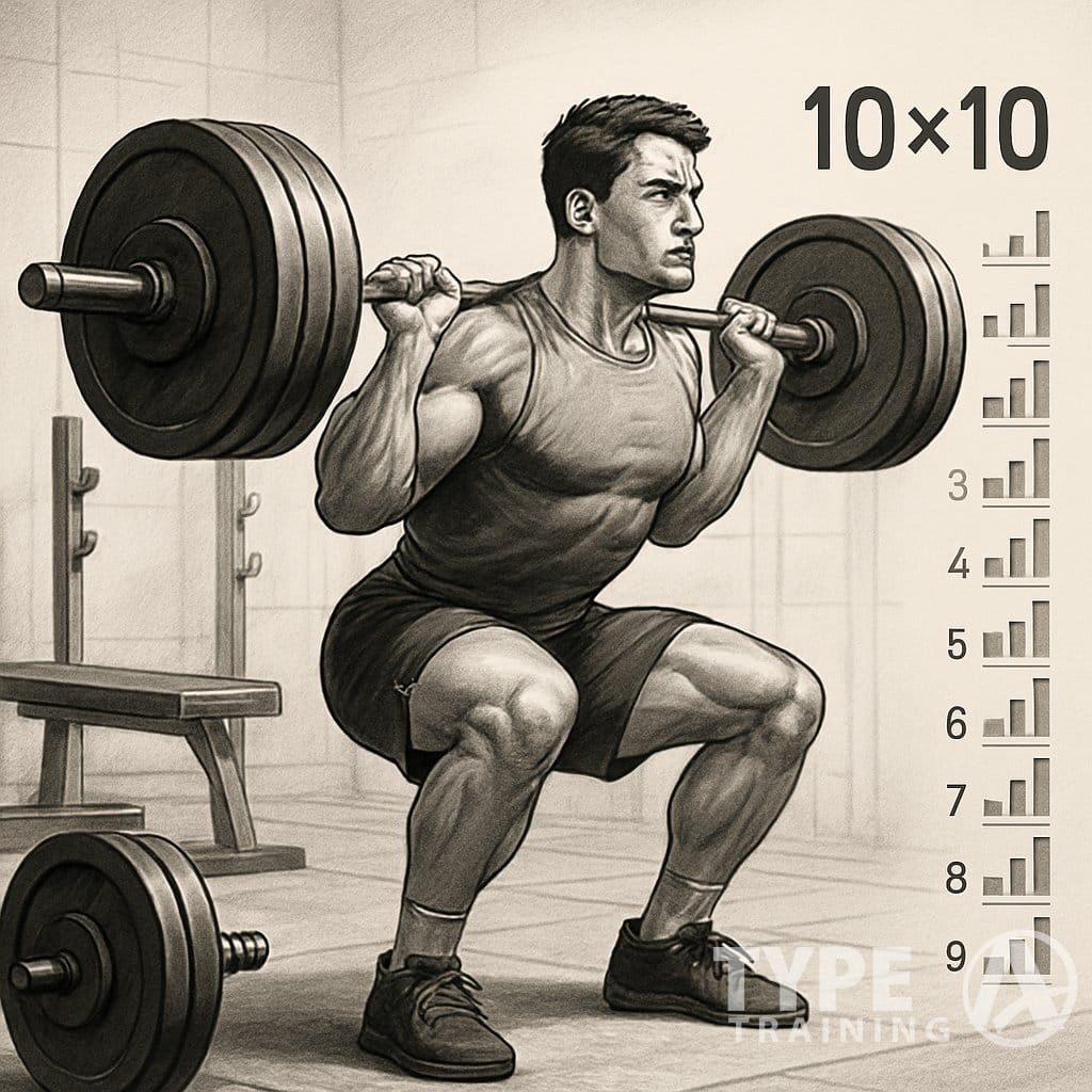 A person performing a barbell squat in a gym with visual elements representing multiple sets and repetitions.