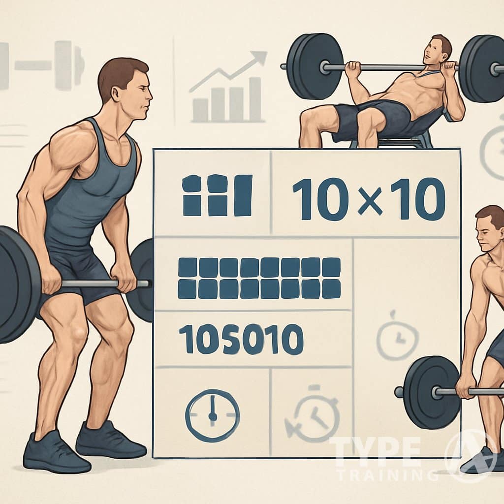 An illustration showing a person performing weightlifting exercises with visual indicators of sets and phases representing the structure of German Volume Training.