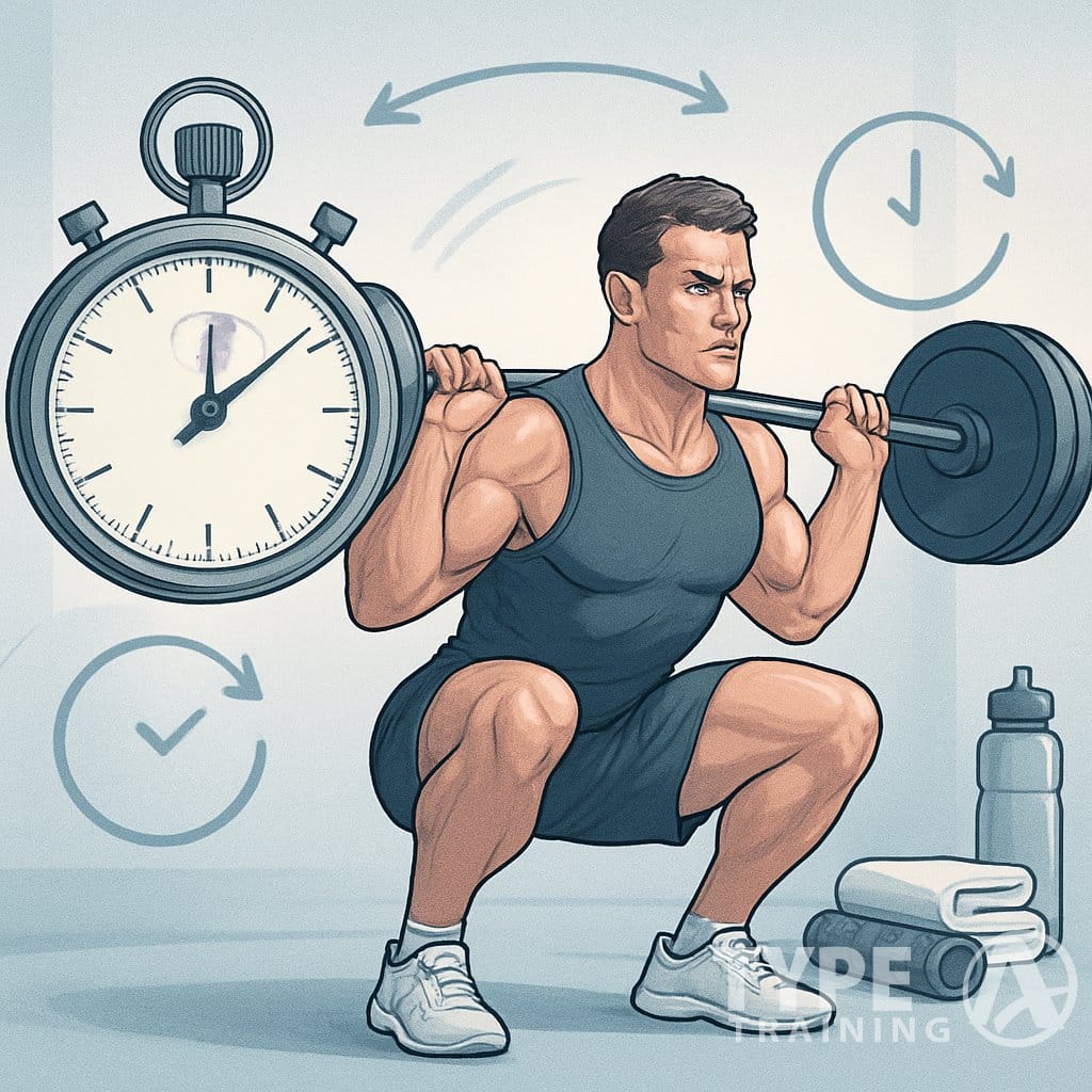 An athlete performing a barbell squat surrounded by symbols of timing and recovery, including a stopwatch and calming recovery items.