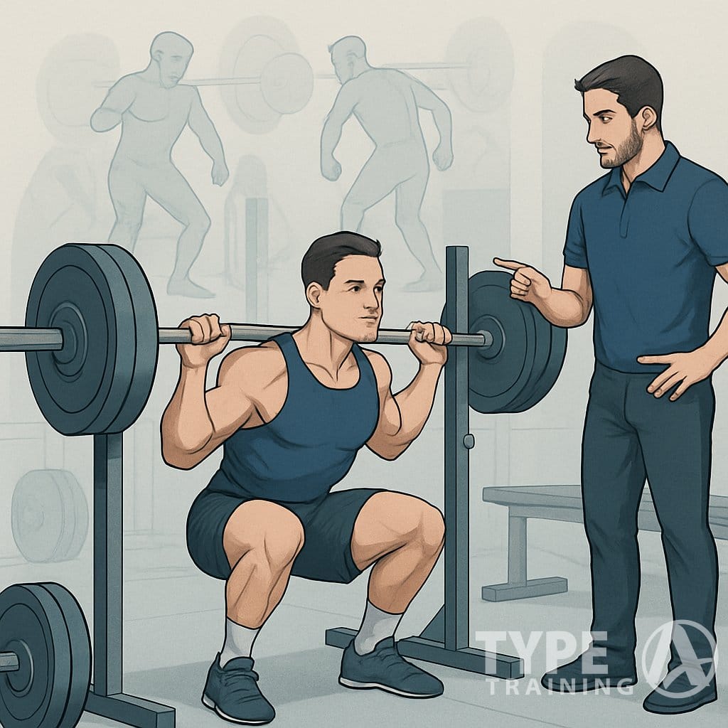 A man performing a barbell squat in a gym with a trainer guiding him, surrounded by faint illustrations showing common mistakes and tips for success in German Volume Training.