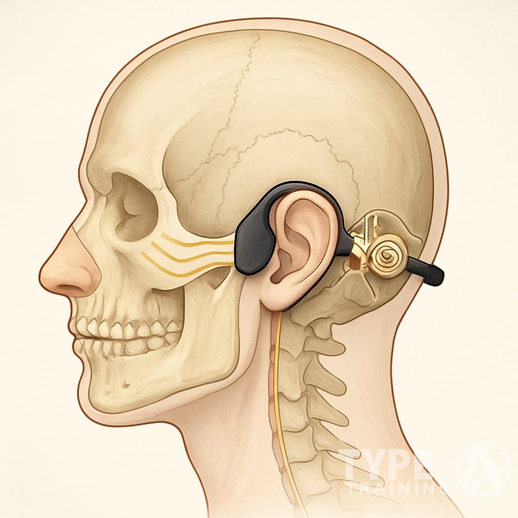 Side view of a human head showing bone conduction headphones resting on the cheekbones, with vibrations traveling through the bones to the inner ear.