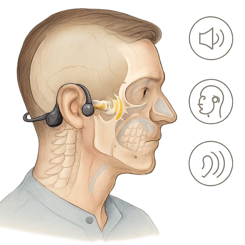 A person wearing bone conduction headphones with sound waves passing through the cheekbones to the inner ear, alongside icons representing safe volume, proper placement, and awareness of ambient sounds.