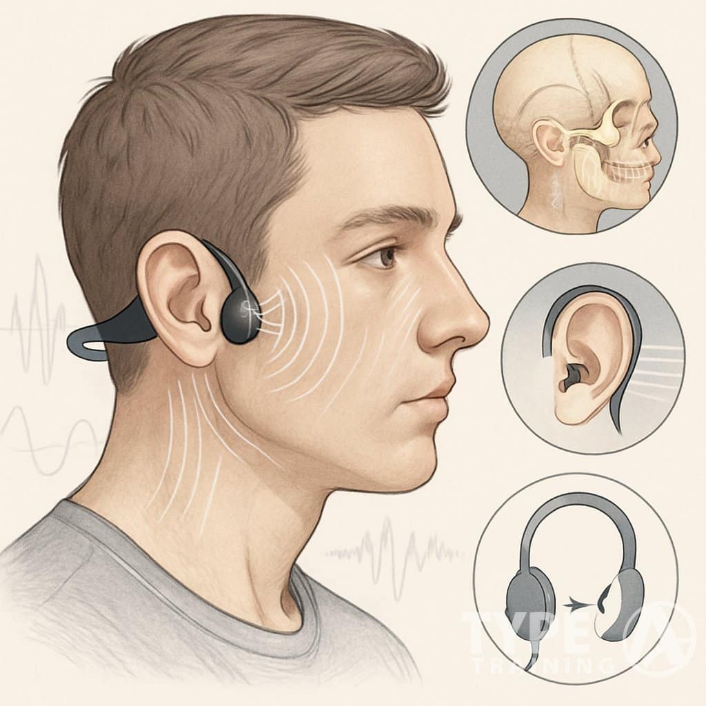 A person wearing bone conduction headphones that rest on the cheekbones with visual indicators showing sound vibrations traveling through the bones to the inner ear, accompanied by diagrams of the skull and ear anatomy.