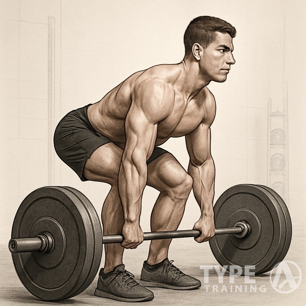 A man performing a deadlift with correct form, standing on a gym floor holding a barbell with a straight back and bent knees.
